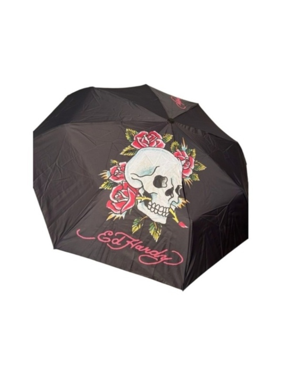 Ed Hardy Compact Umbrella Womens Black Skull Rose Tattoo Art